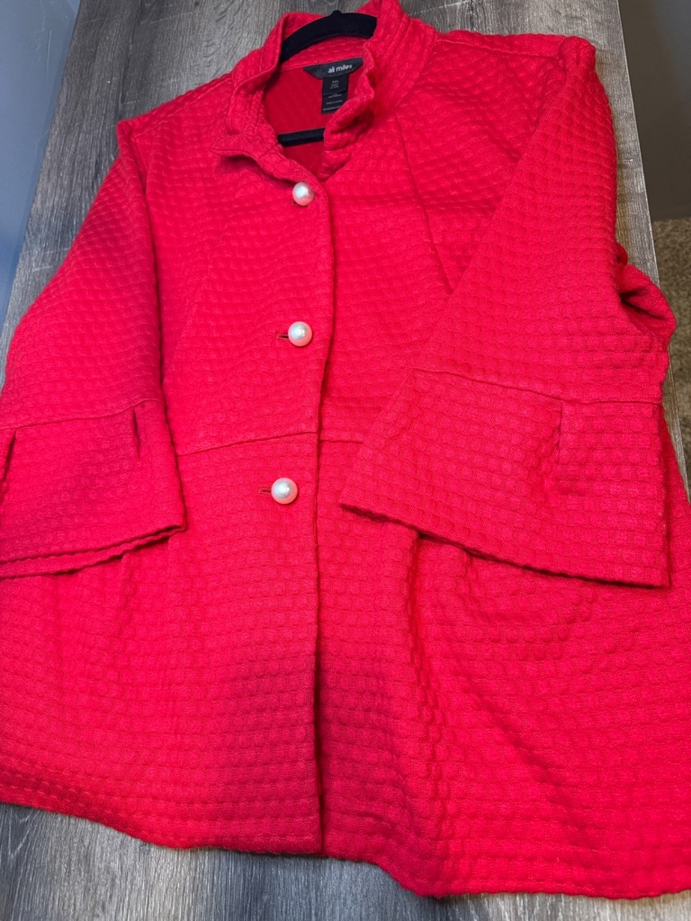 Ali Miles Vibrant Red Quilted Peplum Blazer with Pearl Buttons